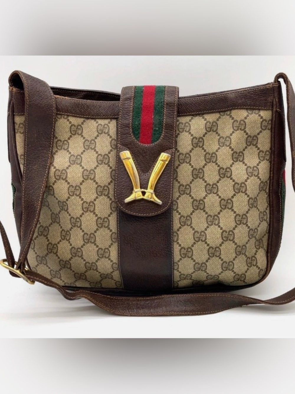 Auth Gucci GG Supreme Sherry Line Riding Boots Brown Shoulder Bag ๐ - Picture 4 of 15